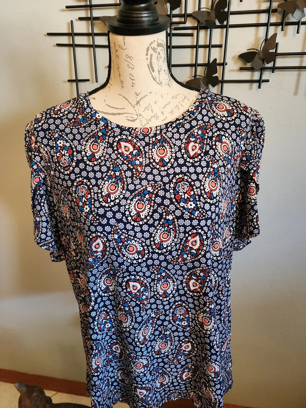 Michael Kors Navy Floral Paisley Short Sleeve Top With Tulip Sleeves